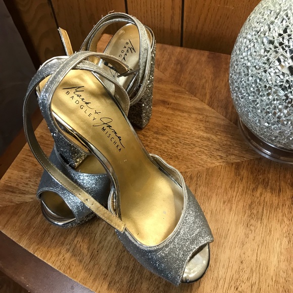 BADGLEY MISCHKA Shoes Open Toe Platform - Silver Sparkle-Size 9 -Good Condition - Picture 12 of 15
